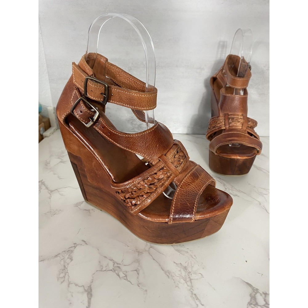 Bed Stu Sandals 8.5 Brown Leather Wood Strappy Platform Boho Festival High Heel